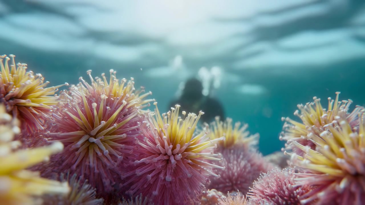 Subacquei che esplorano la barriera corallina sottomarina, in un ambiente oceanico con luce solare che filtra attraverso l'acqua, con formazioni coralline, subacquei con attrezzatura, con texture di acqua e struttura della barriera corallina.