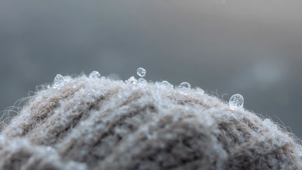 Falling sleet covering gray knit beanie at outdoor macro, partly melting into droplets and crystals