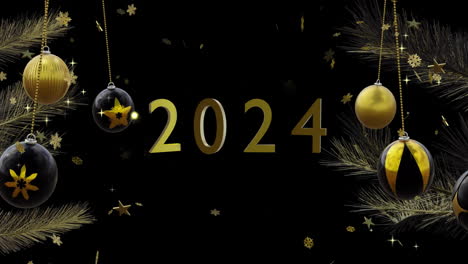 animación de 2024 y baubles en fondo negro