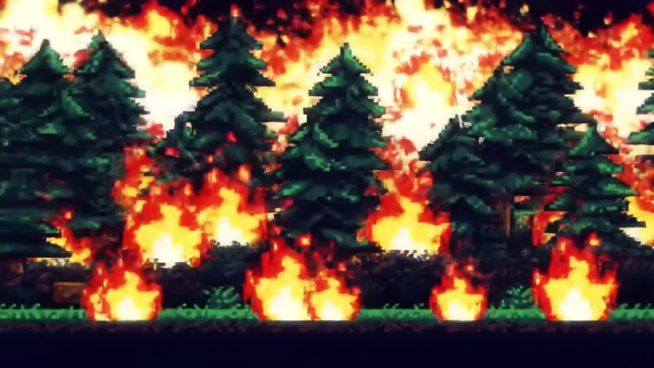 A dramatic portrayal of a raging forest fire, engulfing the trees in a blaze of flames and smoke, showcasing the intensity of nature's destructive forces