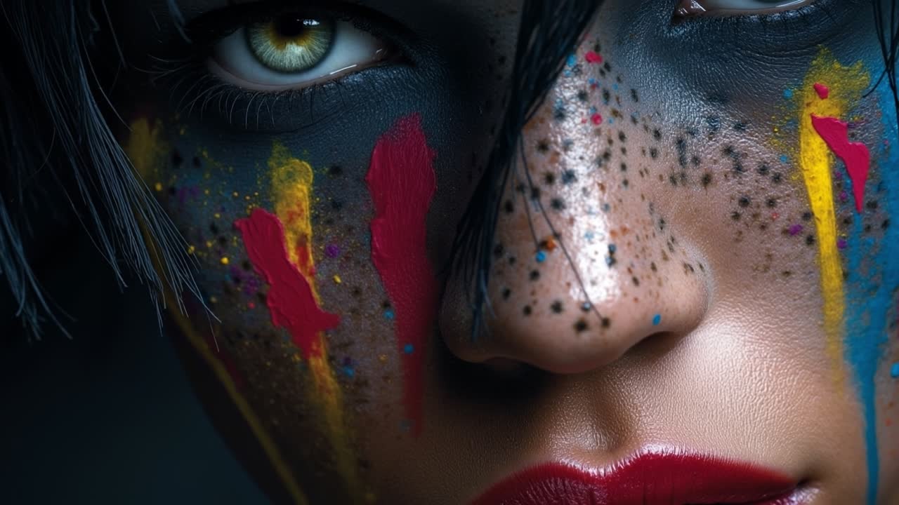 Close Up Portrait Of Artistic Face With Colorful Paint Splashes And Creative Makeup