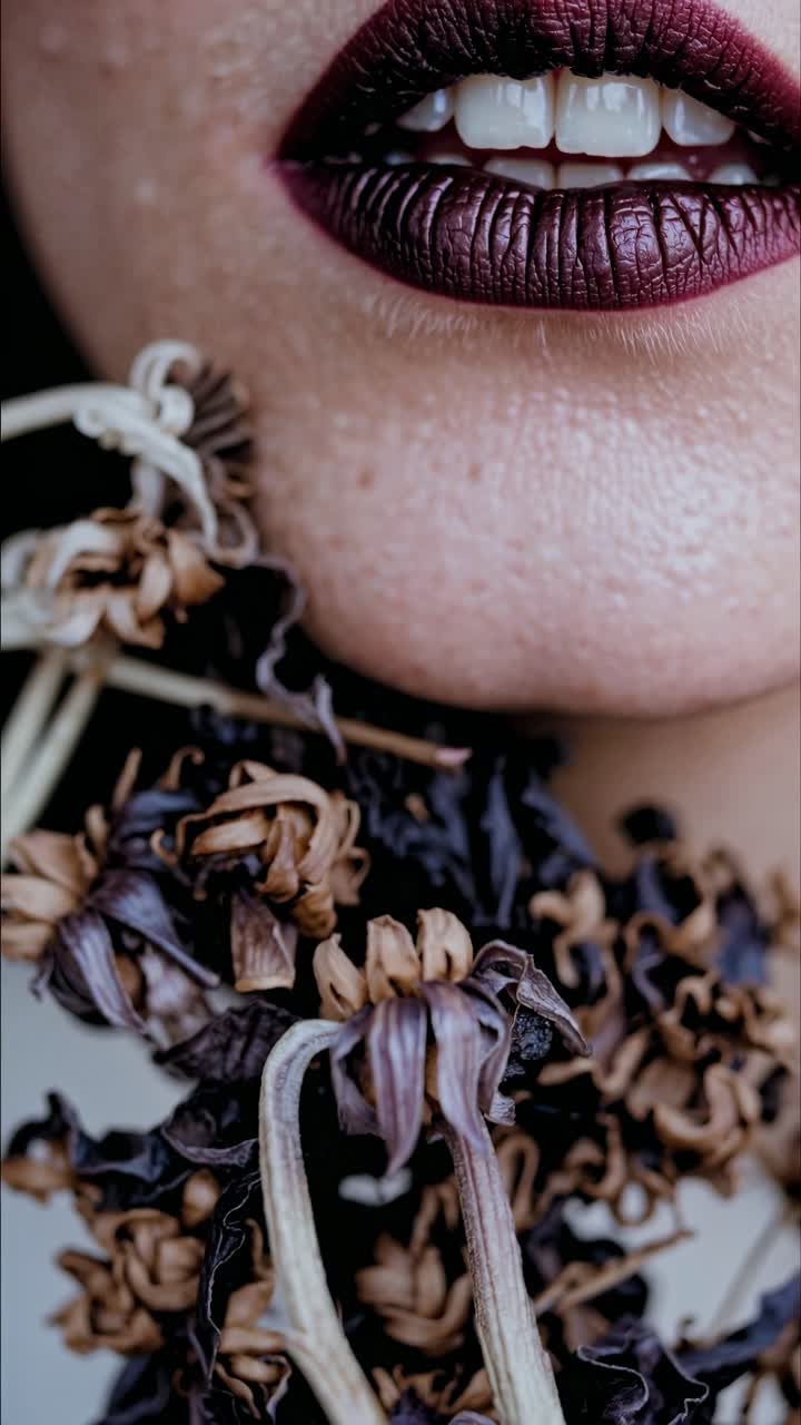 Primo piano del volto di una donna con rossetto scuro e fiori secchi, che crea un'atmosfera gotica e malinconica con un focus su bellezza e decadenza