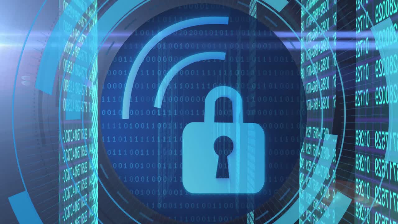 Animation of wi fi and digital padlock over severs