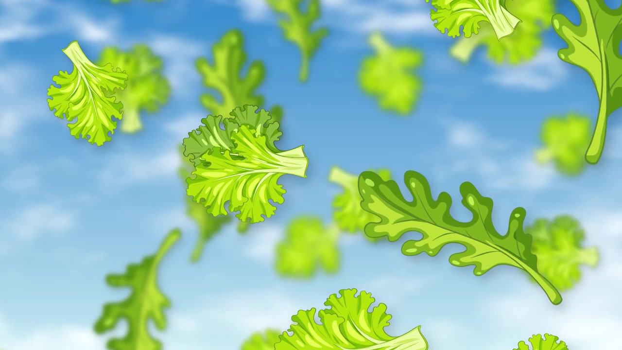 Foglie di lattuga verde e rucola cadono attraverso un cielo azzurro brillante in questa animazione stilizzata