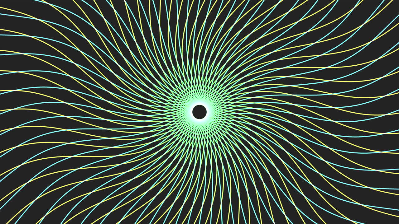 Dynamic black and yellow spiral with pink converging lines