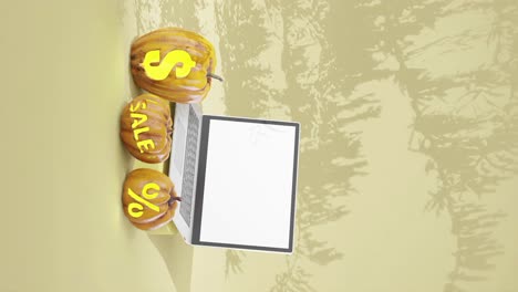 pumpkin fall autumn sale, blank laptop screen space for text, vertical green background, tree shadows