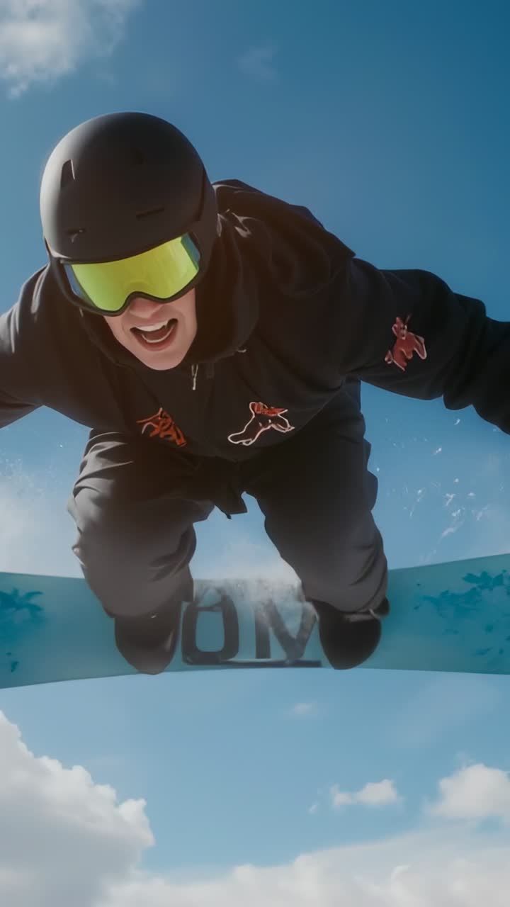 Vertical video: Hitting jump snowboarder in black snow gear carving on mountain, spraying snow