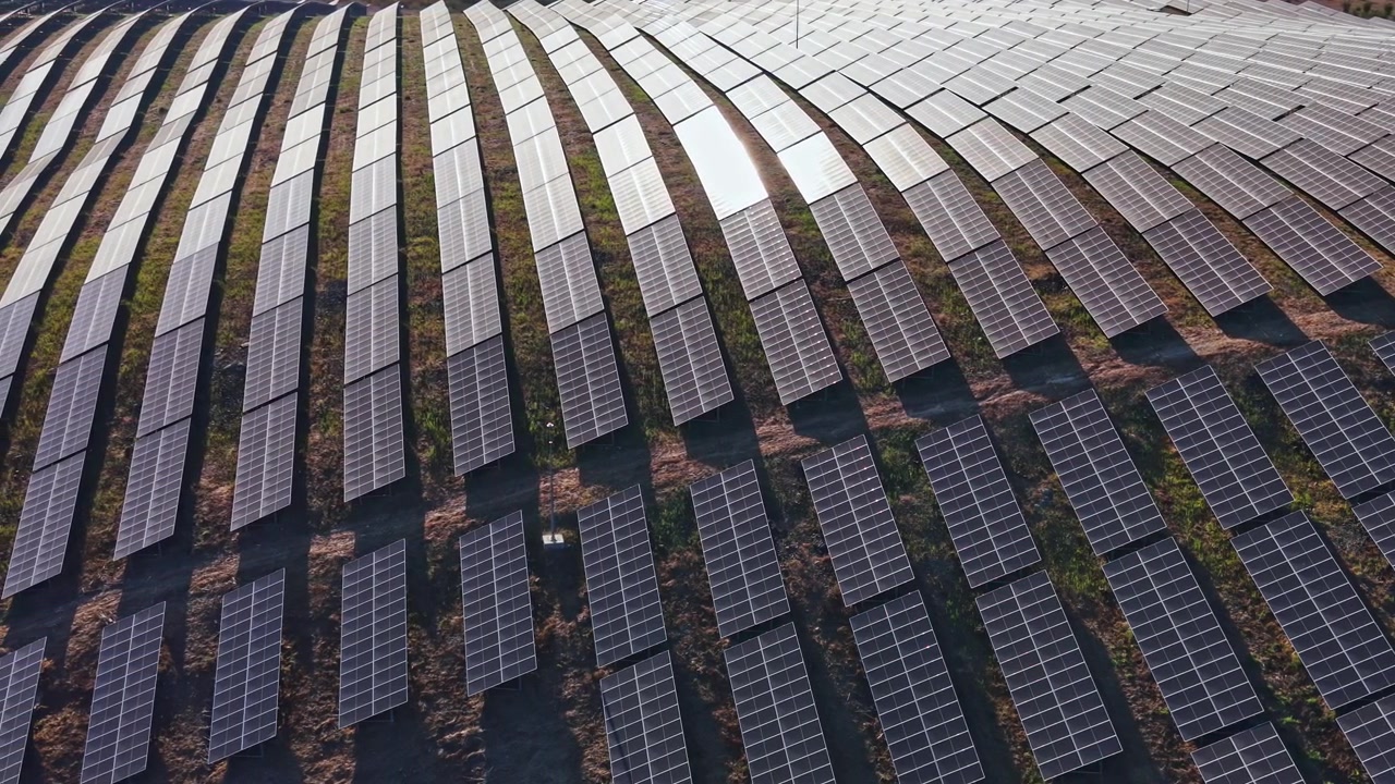 Pannelli solari coprono un grande campo in un sito di energia rinnovabile durante le ore di luce intensa