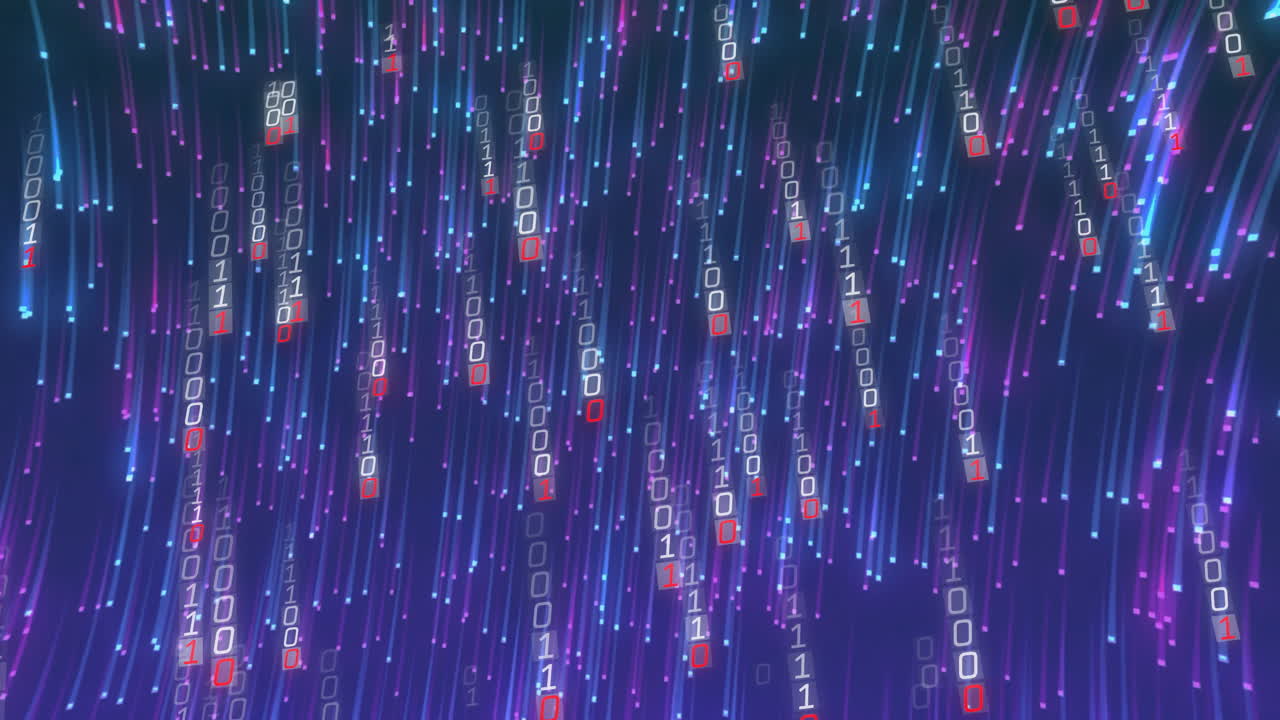Binary code streams falling like digital rain, glowing in blue purple pink and cyan tones