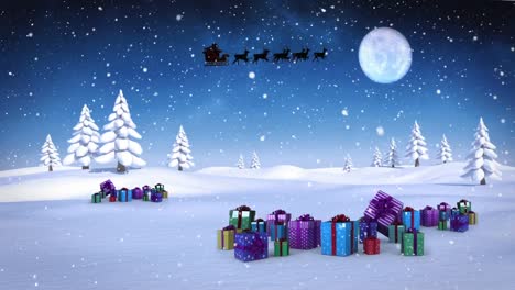 Animation-of-santa-claus-in-sleigh-with-reindeer-over-christmas-presents,-snow-falling-and-moon