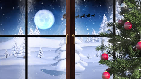 Animation-Einer-Winterlandschaft-Mit-Weihnachtsdekoration,-Gesehen-Durch-Ein-Fenster