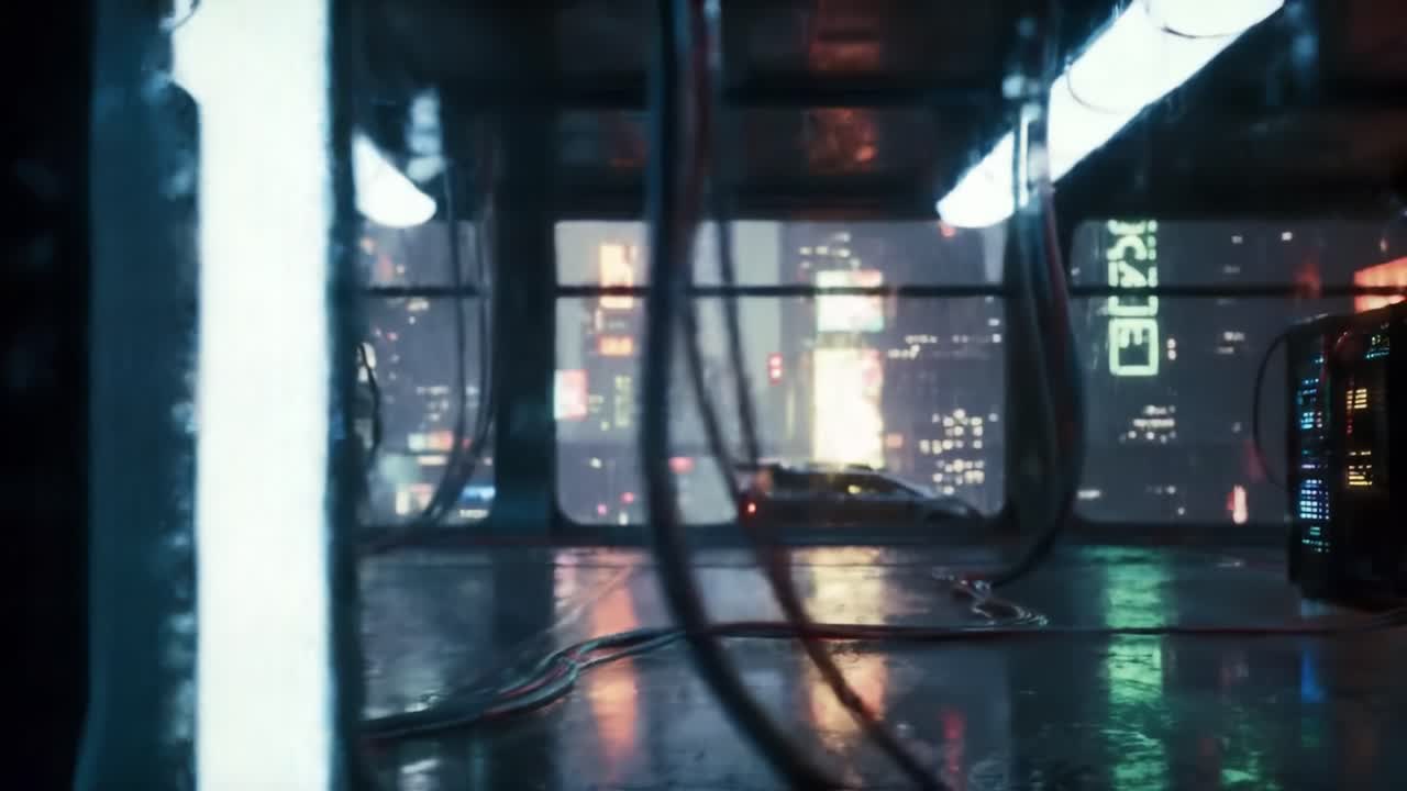 Explore a futuristic urban environment showcasing advanced technology and neon lights. The setting features sleek devices and a reflective floor, invoking a sense of innovation amidst city life.