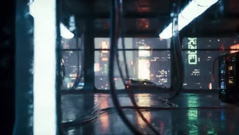 explore a futuristic urban environment showcasing advanced technology and neon lights. the setting features sleek devices and a reflective floor, invoking a sense of innovation amidst city life.