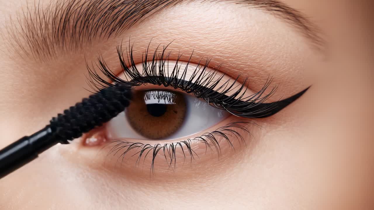 Spazzolino da mascara che si avvicina da sinistra, rivestendo le ciglia dell'occhio destro al trucco, accentuando l'eyeliner alato