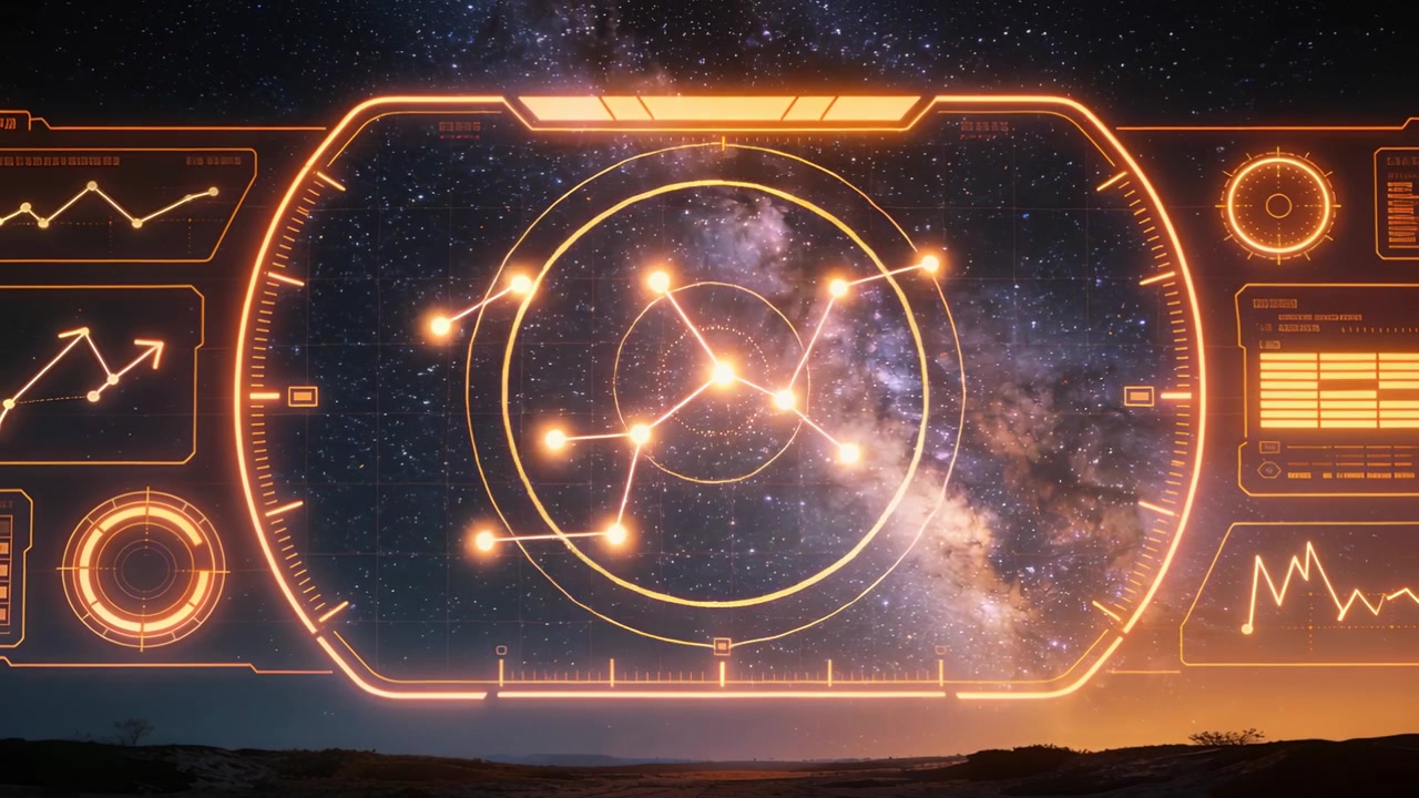 Receiving sensor ping, orange HUD initiating scan, pulsing nodes, locking reticle over Milky Way