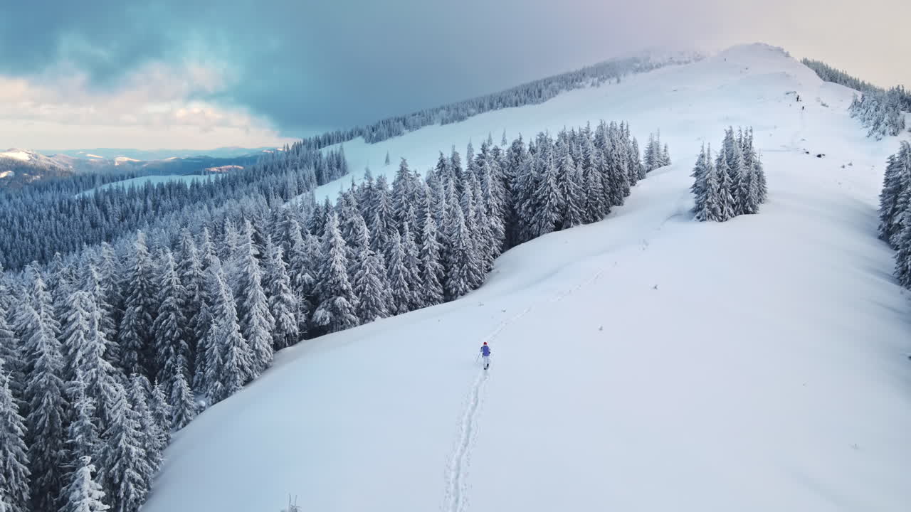 Vista aerea da drone di un'escursione invernale nei Carpazi, Romania. Un gruppo di persone scala la vetta del Giumalau. Foresta innevata, colline e vette, nuvole basse