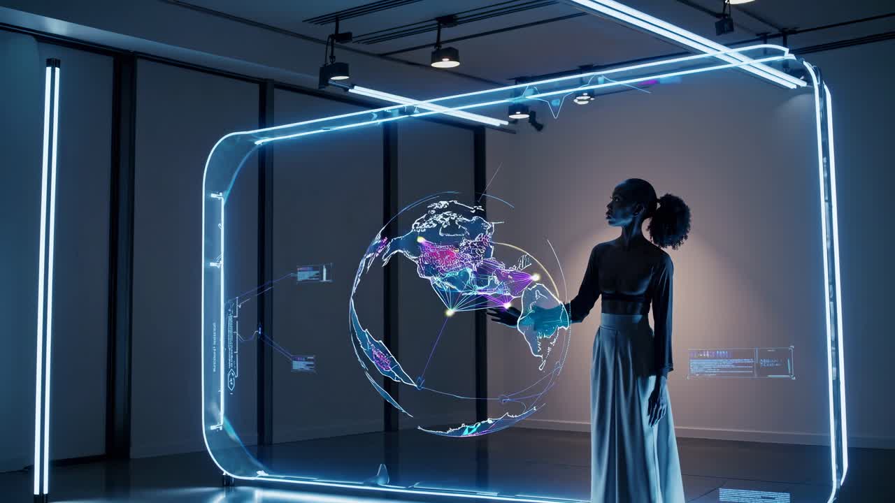 Woman Interacting with Futuristic Holographic Globe and Data Display