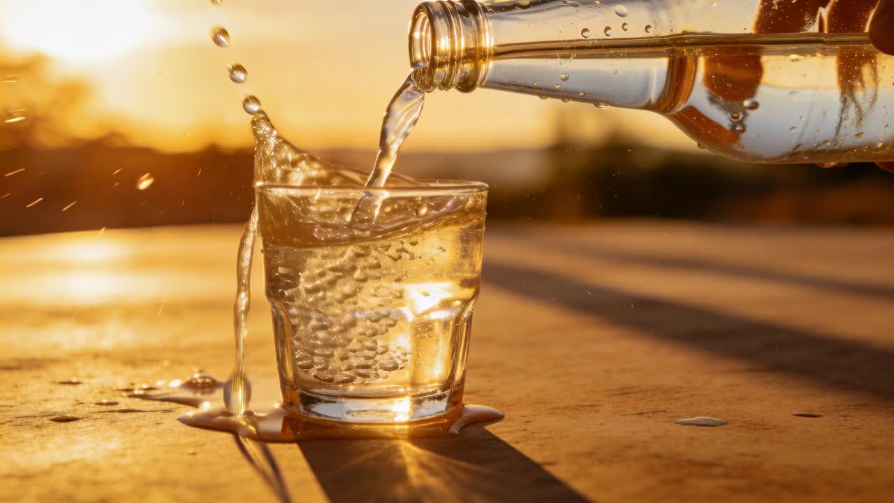 Tilting bottle, person's hand pouring clear liquid into short glass on flat tabletop, filling glass