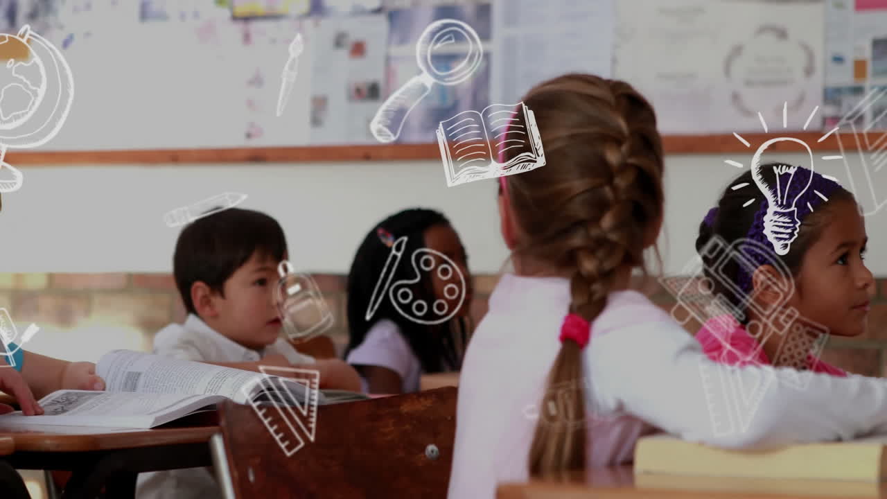 교실에서 공부하는 아이들은 교육 아이콘 애니메이션을 가지고 있습니다.