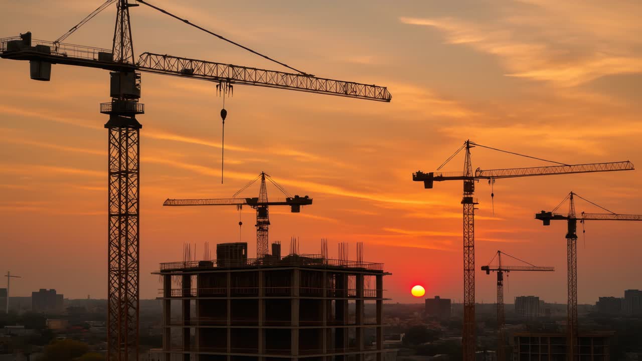 Sunset video of construction site with cranes silhouetted against the sky