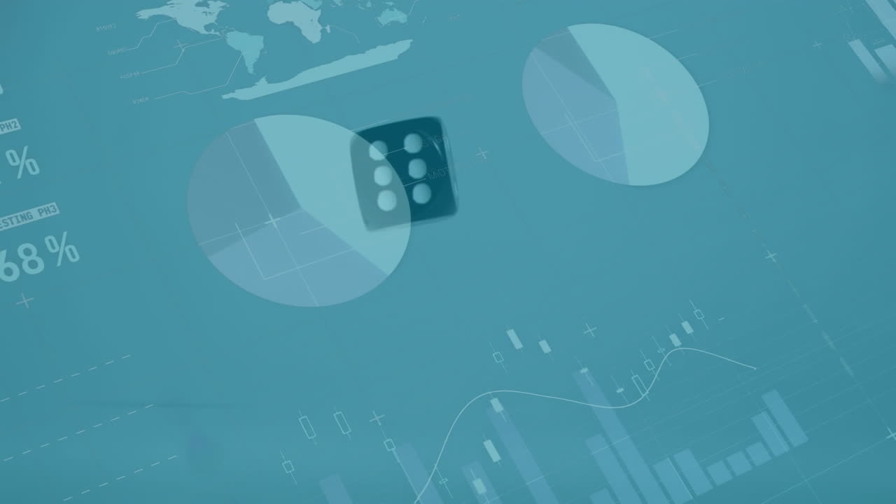 animación del registro de estadísticas financieras y el mapa del mundo sobre los dados