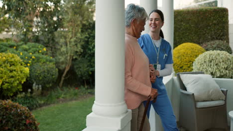 happy, old woman talking and caregiver walking
