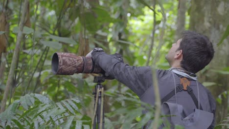 fotógrafo profesional de vida silvestre, cámara en mano lente grande en el bosque de la selva