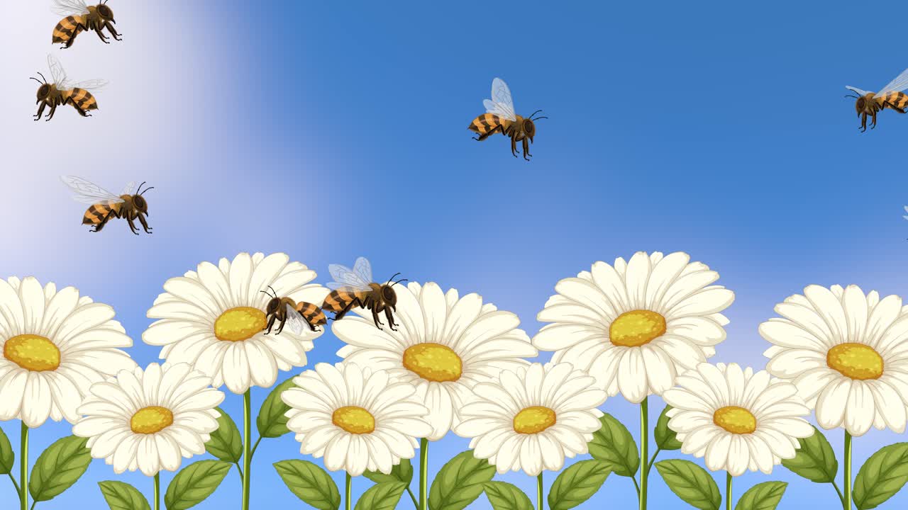 파란 하늘 아래에서 벌이 날아다니며 꽃을 꽃가루로 가득 채운다.