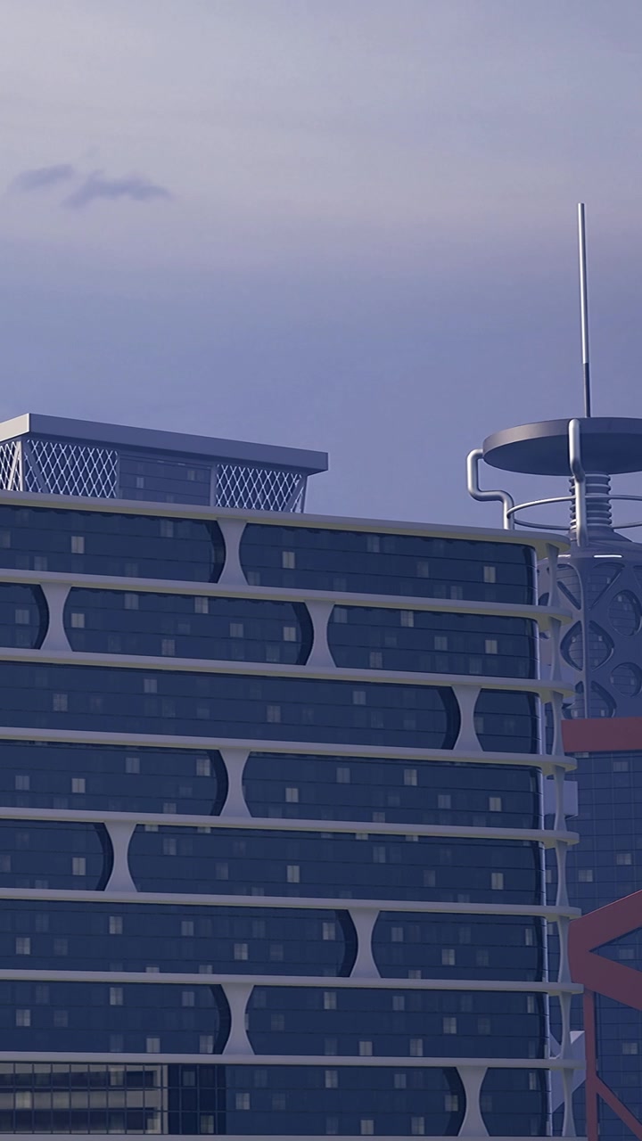 Architettura moderna di un edificio al tramonto in uno skyline cittadino