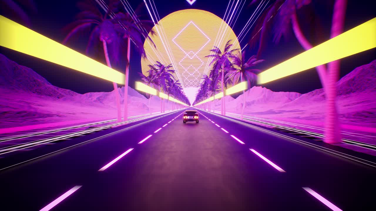 Car And City In Neon Style. 80S Retro Wave Background 3D Animation. Retro Futuristic Car Drive Through Neon City
