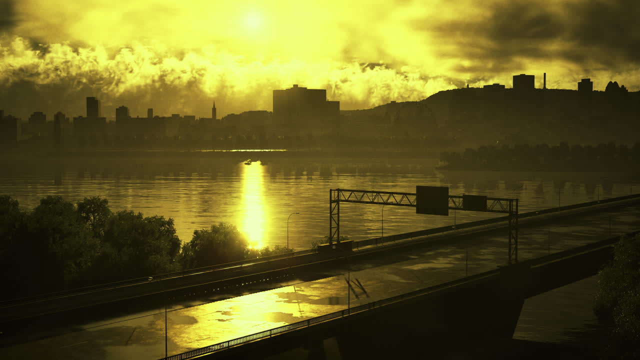 Sunrise reflects on the river while city skyline outlines the horizon