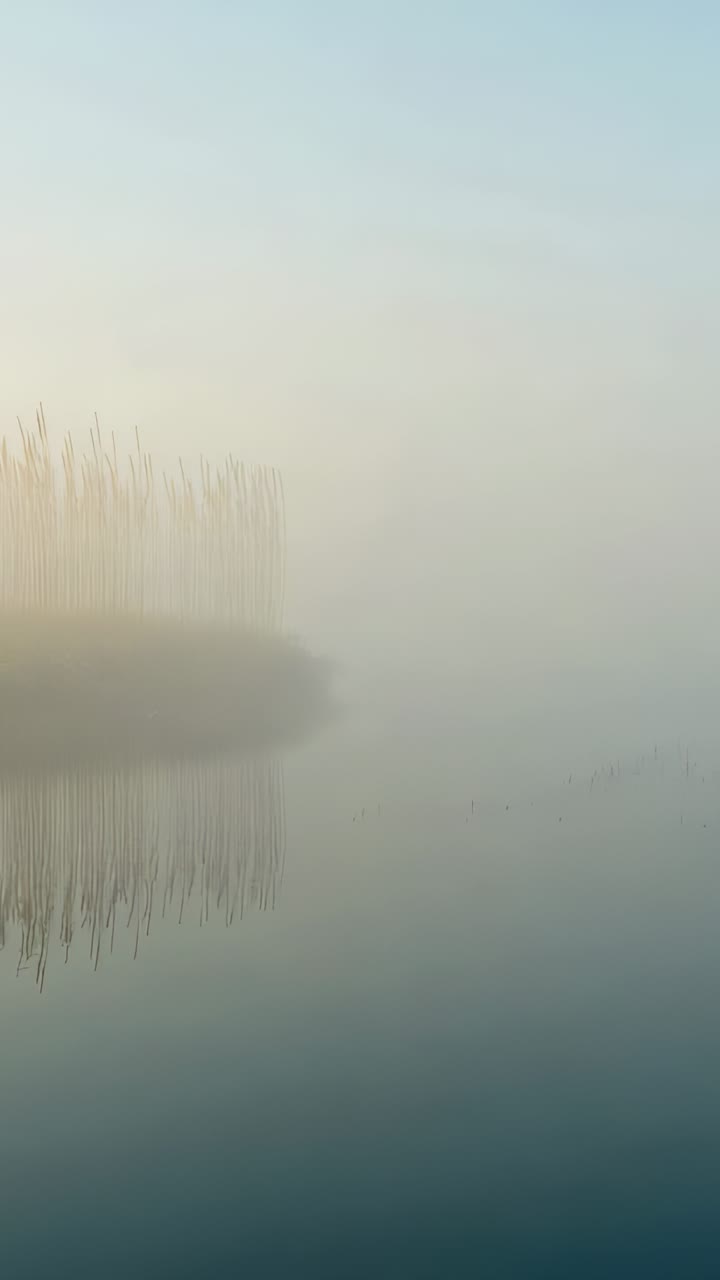 Vertical video: Drifting camera reframing reed cluster on shore in fog, mirroring reeds, copy space