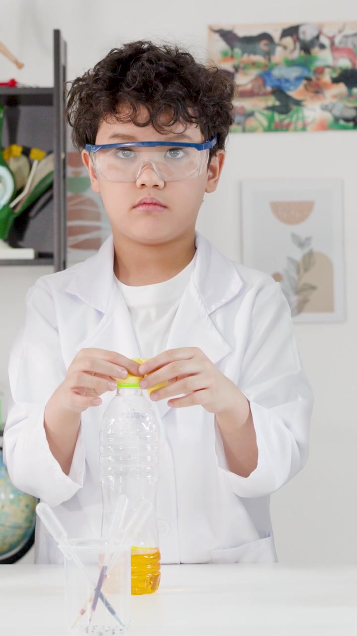 Seorang siswa muda mengenakan jas lab dan kacamata pengaman melakukan percobaan kimia di dalam ruangan.