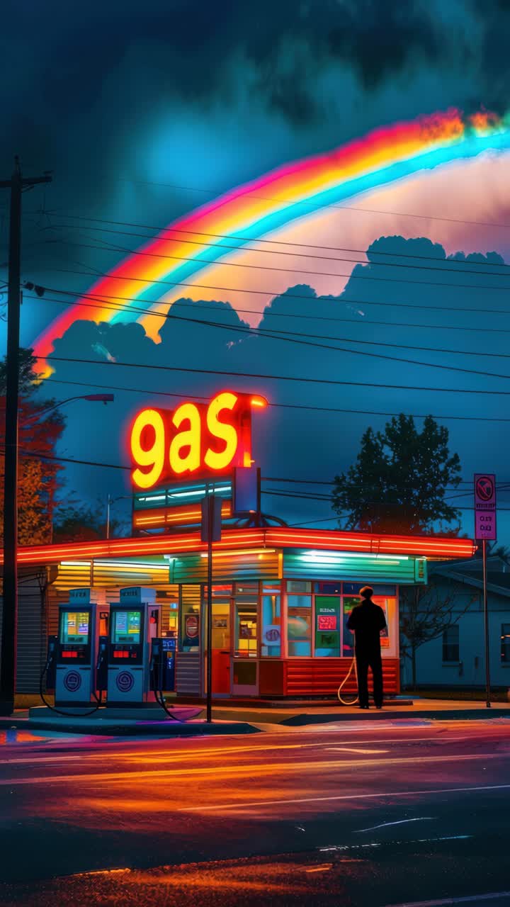 Cena vibrante de posto de gasolina com um letreiro de néon sob um arco-íris. Filmado de um ângulo baixo, este visual de vídeo