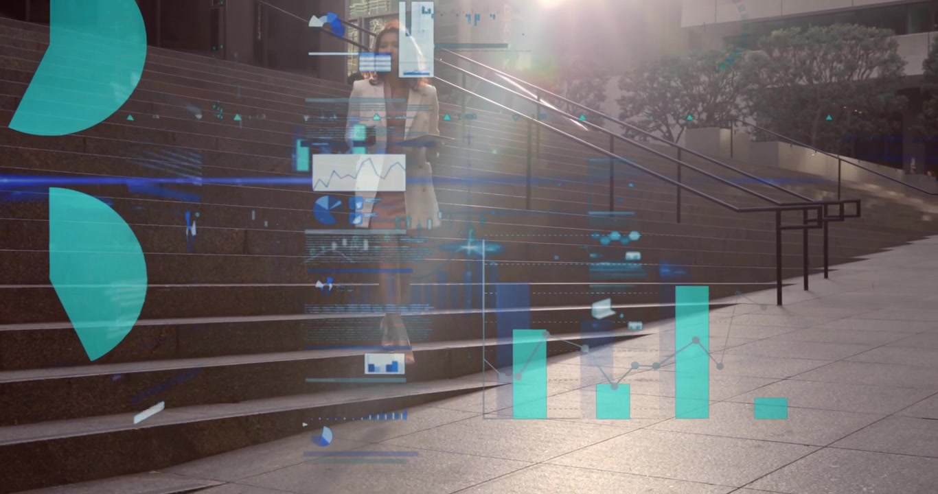 Office woman descending wide stairs while tapping phone and showing AR charts via her for business