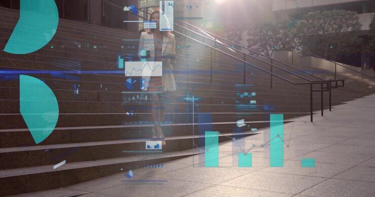 Office woman descending wide stairs while tapping phone and showing AR charts via her for business