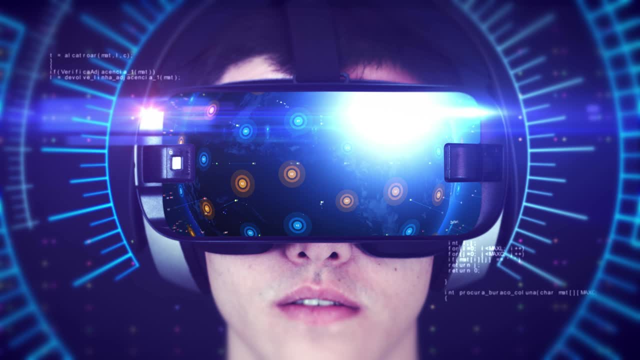 vr 헤드을 착용하고 3d 가상 현실을 경험하는 젊은이.