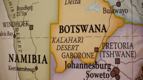a close-up view of a map showing botswana, namibia, and surrounding regions in southern africa