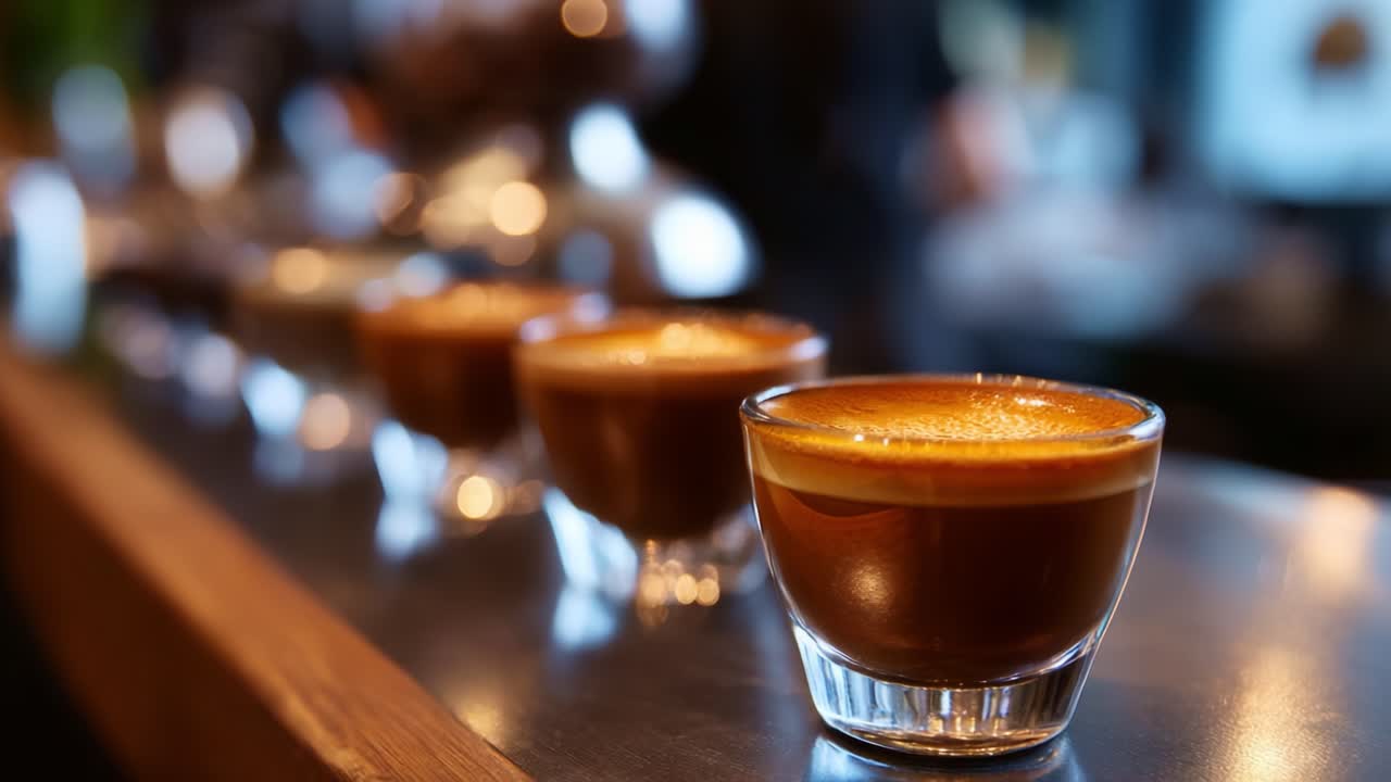 Una serie di caffè espresso preparati ad arte su un bancone da bar, che mostrano un colore intenso, una schiuma cremosa e un aroma invitante in un ambiente caldo e accogliente