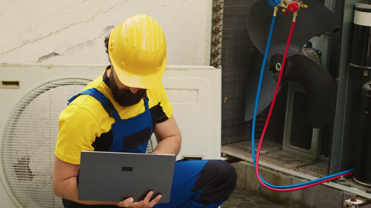 Serviceman looks online for new capacitor