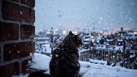 gato viendo la nieve caer sobre una ciudad por la noche