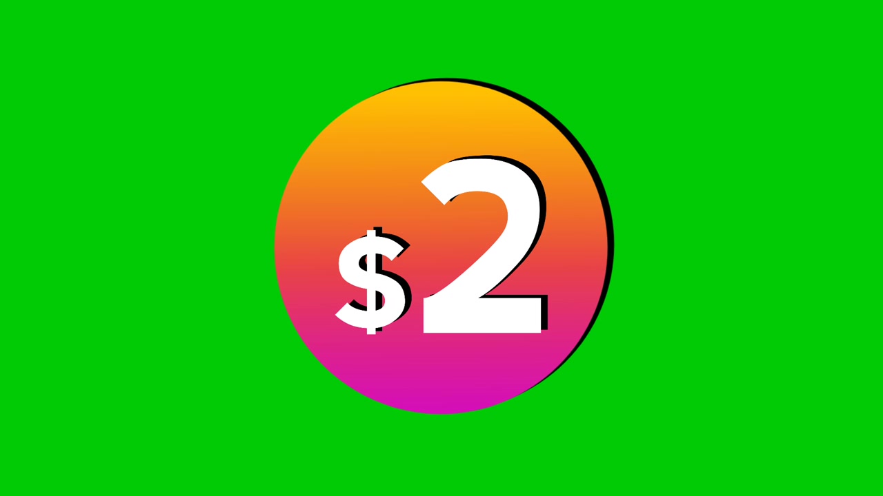 Cartellino prezzo animato di 2 dollari con grafica in movimento circolare colorata su sfondo green screen. Perfetto per annunci, e-commerce, vendita al dettaglio, sconti e come elemento video per la promozione aziendale.