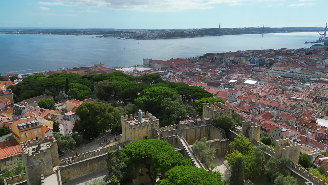 Aerial view backwards over the Castelo de São Jorge, in sunny Lisbon, Portugal