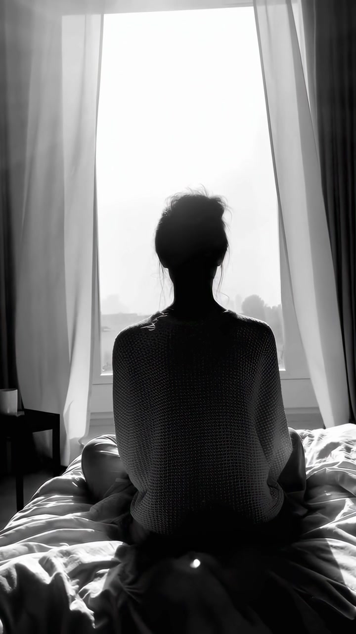 Silhouette di donna seduta sul letto vicino alla finestra alla luce del mattino