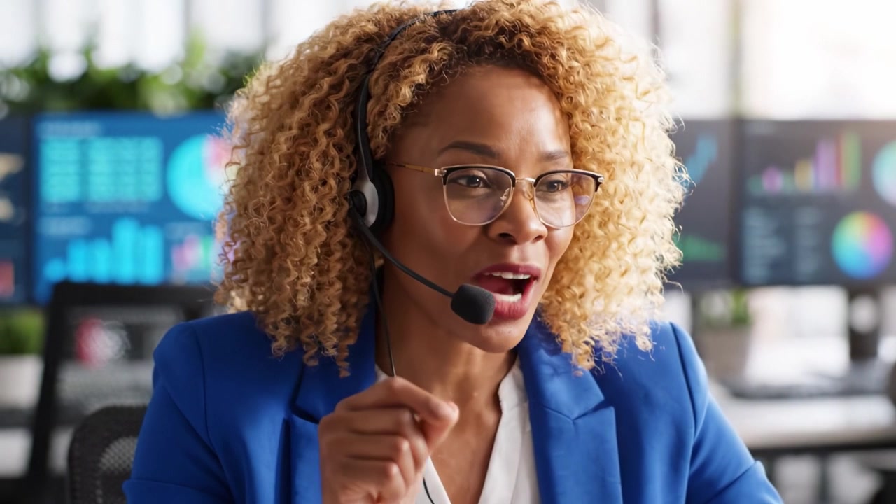 Una donna professionista con i capelli ricci, che indossa una cuffia, sorride mentre partecipa a una videochiamata, mostrando un ambiente di lavoro da casa efficace con analisi dei dati sullo sfondo.