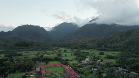 aerial of kauai, hawaii mountains on cloudy day