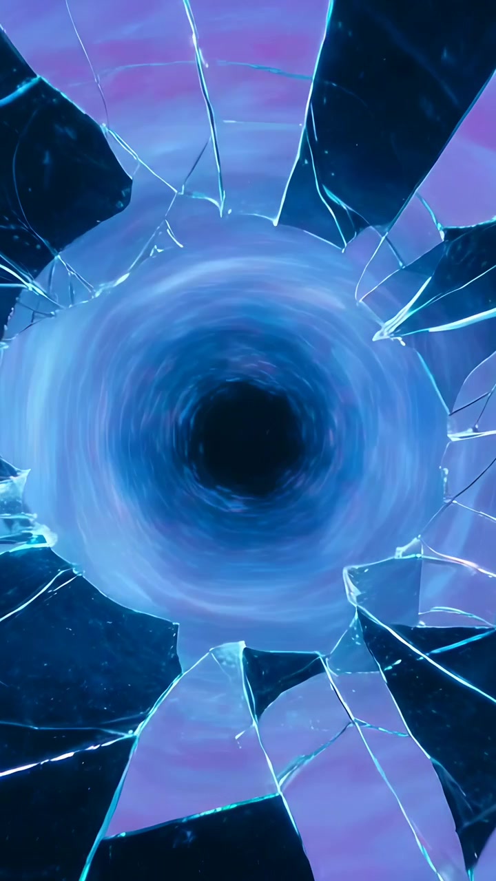 Vertical video: Cracking glass sparking blue vortex pulling shards outward and dust inward in space