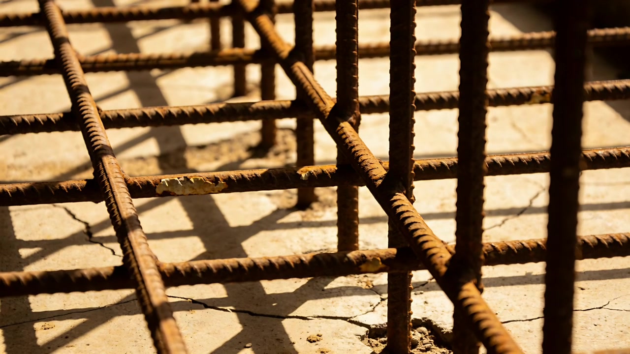 Shifting camera revealing rusted rebar grid on cracked concrete slab, showing splatter and shadows