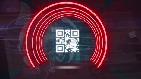 animación del código qr con líneas de neón sobre el procesamiento de datos y el globo