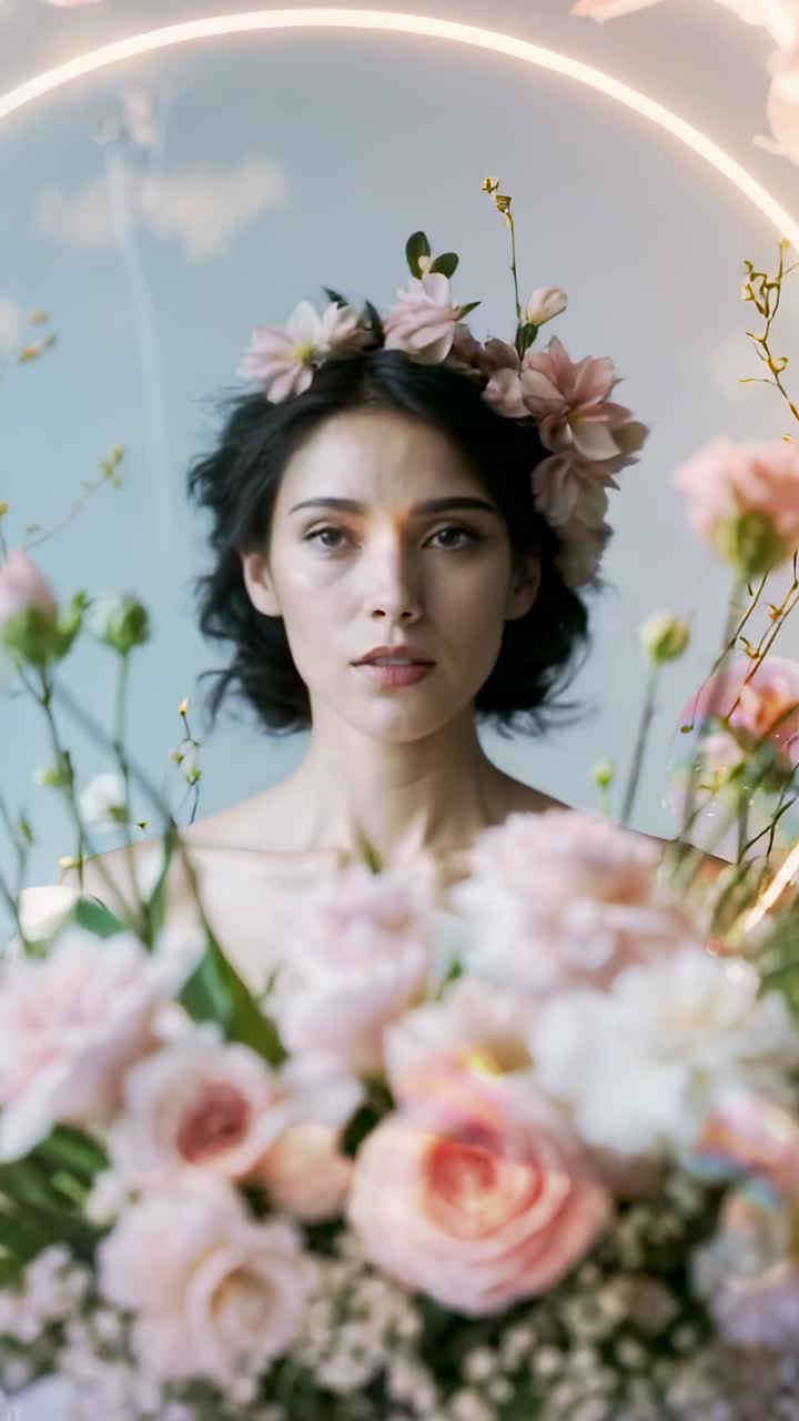 Vertical video: Camera pulling focus from bouquet to model behind ring light in studio, with petals